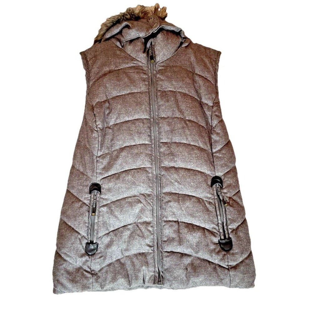 Green Tea Quilted Women’s Puffer Vest W/ Removable Faux Fur Hood Gray Medium EUC